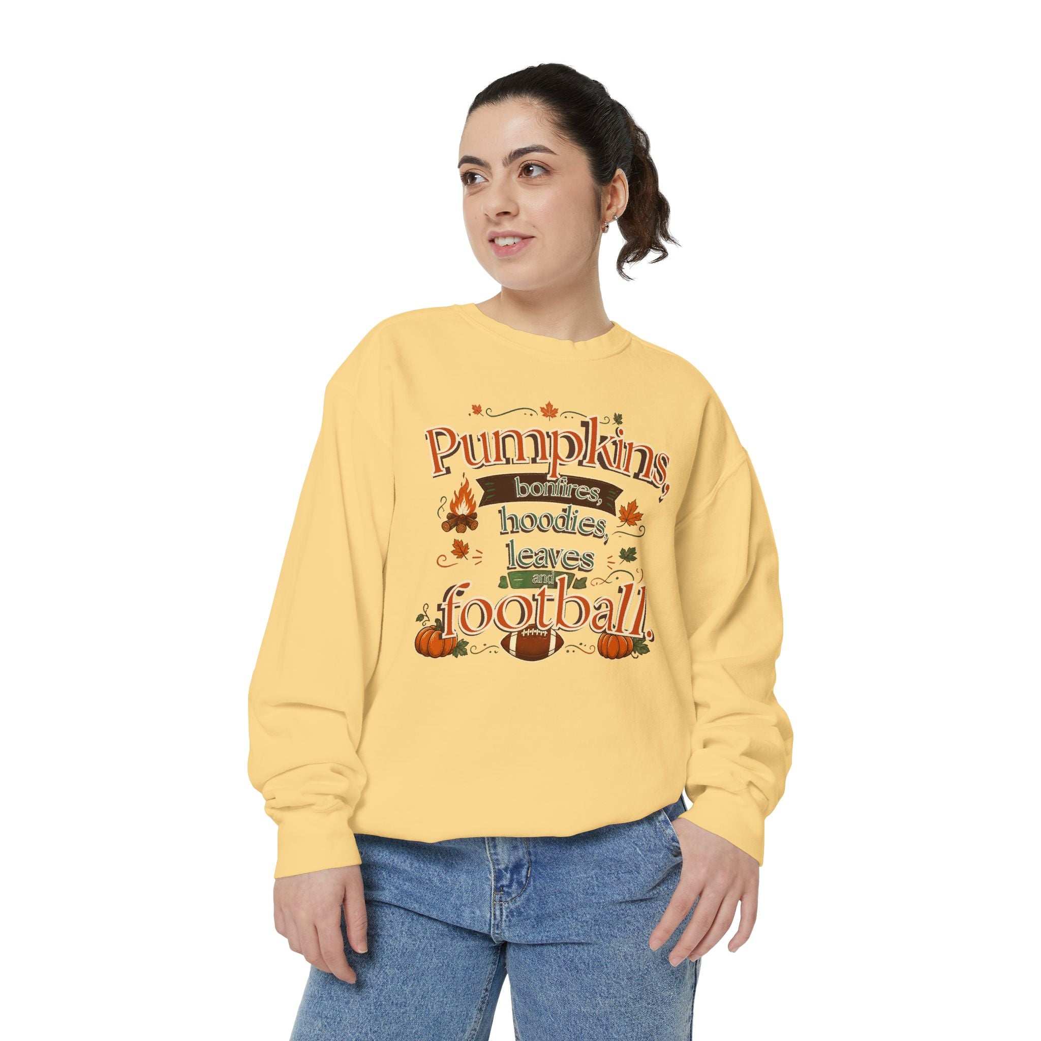 Fall Sweatshirt – "Pumpkins, Bonfires, Hoodies, Leaves, Football" Cozy Autumn Pullover