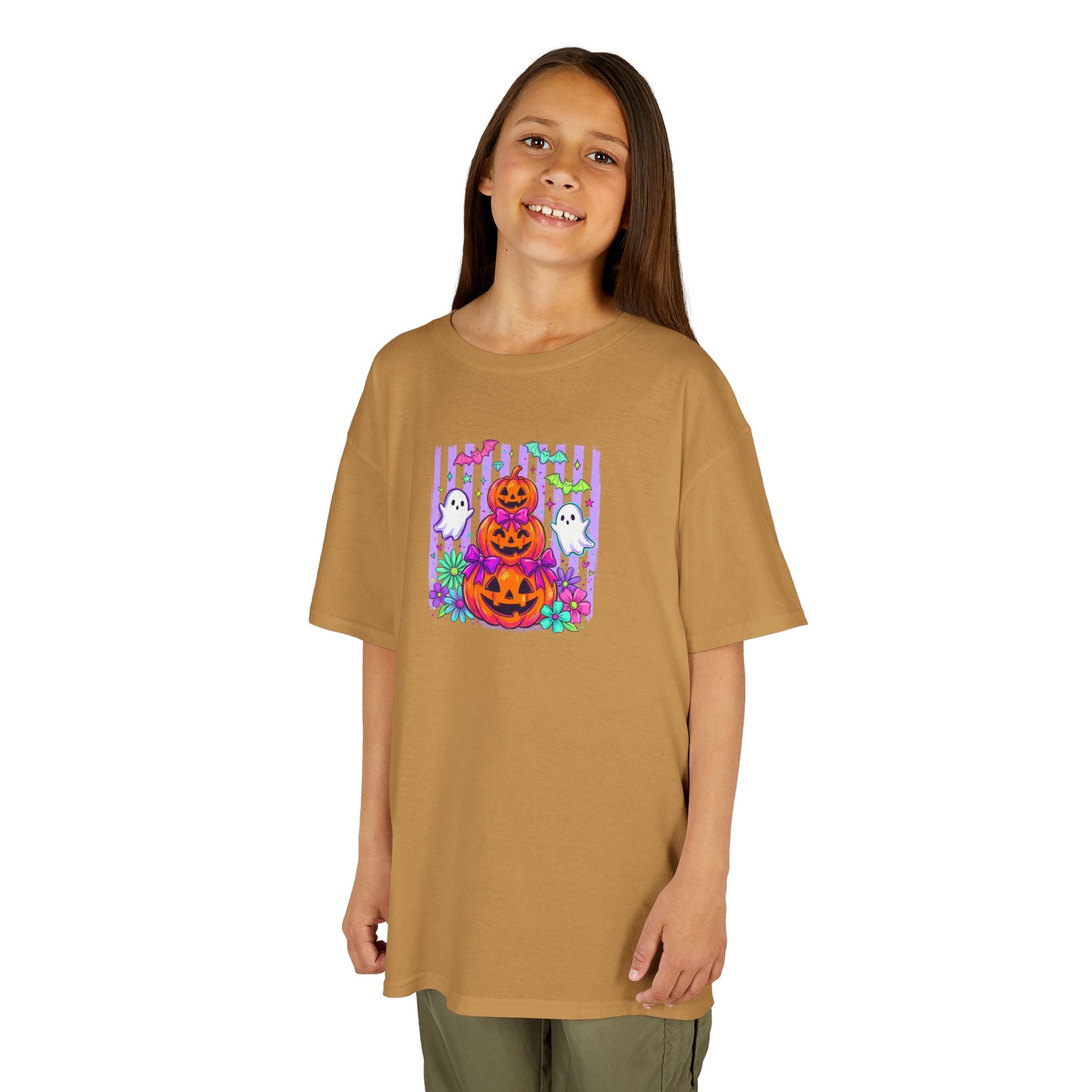 Kids Halloween Pumpkins T‑Shirt — Cute Jack‑O'Lantern Stack with Ghosts