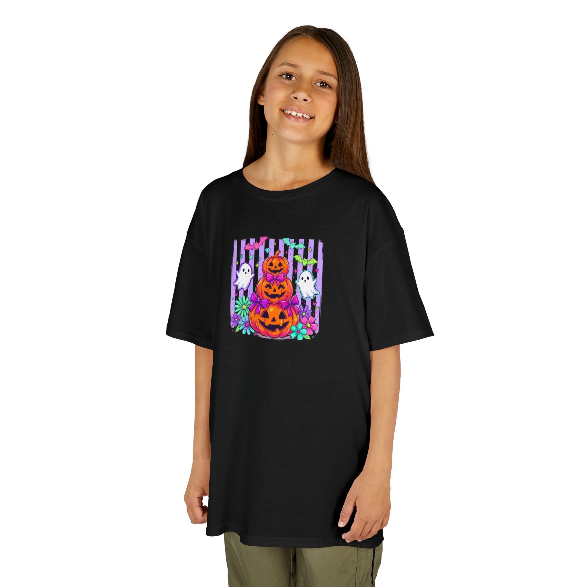 Kids Halloween Pumpkins T‑Shirt — Cute Jack‑O'Lantern Stack with Ghosts