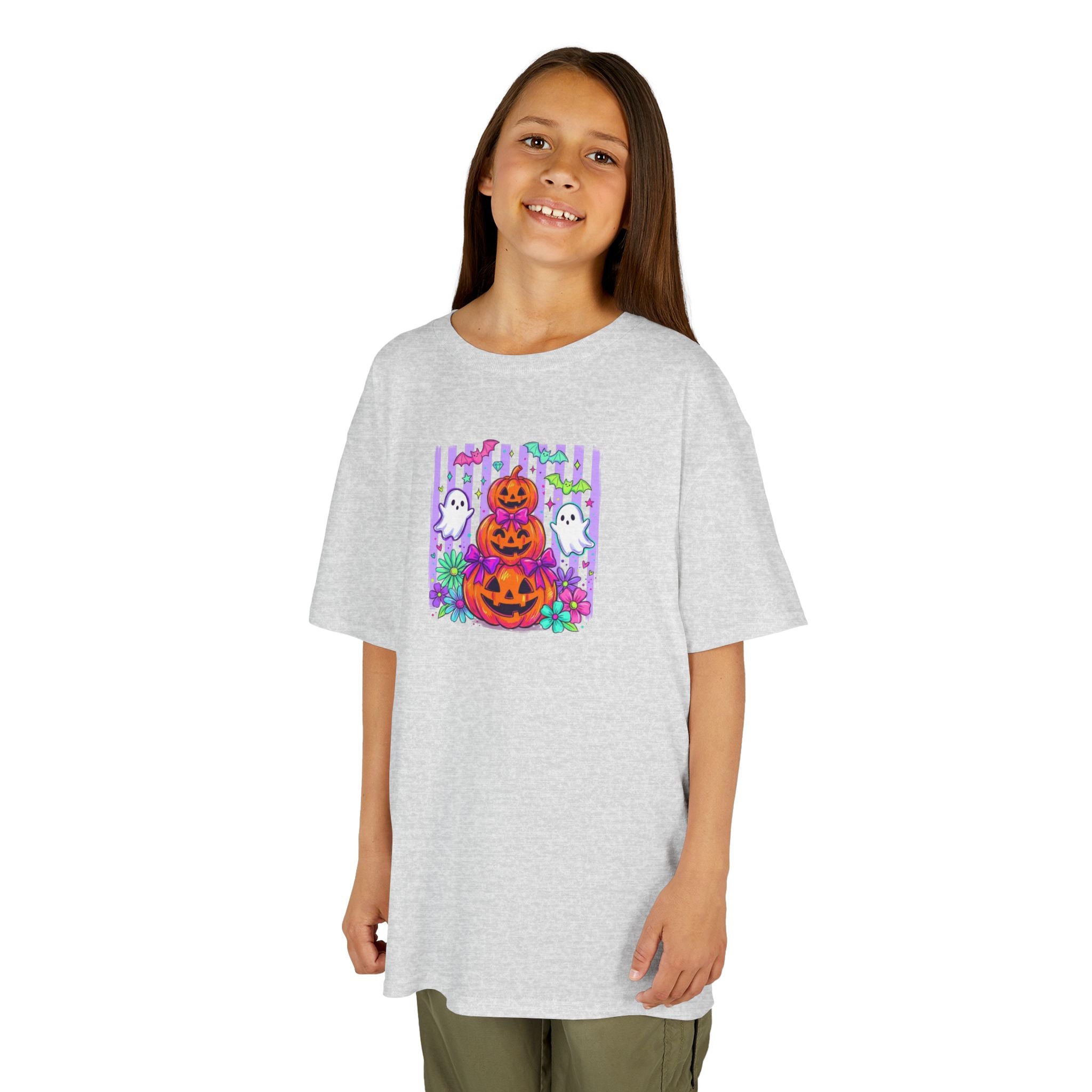 Kids Halloween Pumpkins T‑Shirt — Cute Jack‑O'Lantern Stack with Ghosts