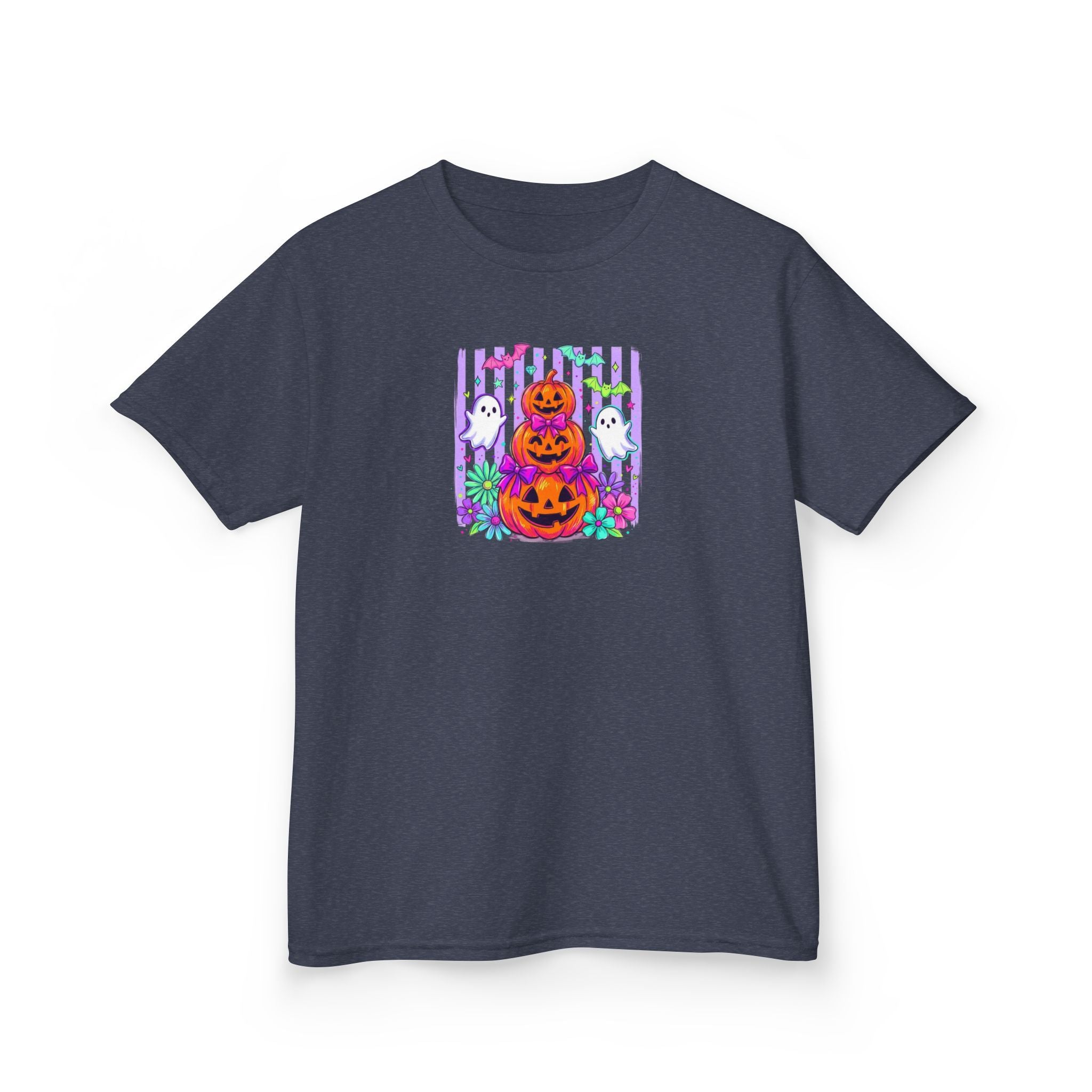 Kids Halloween Pumpkins T‑Shirt — Cute Jack‑O'Lantern Stack with Ghosts