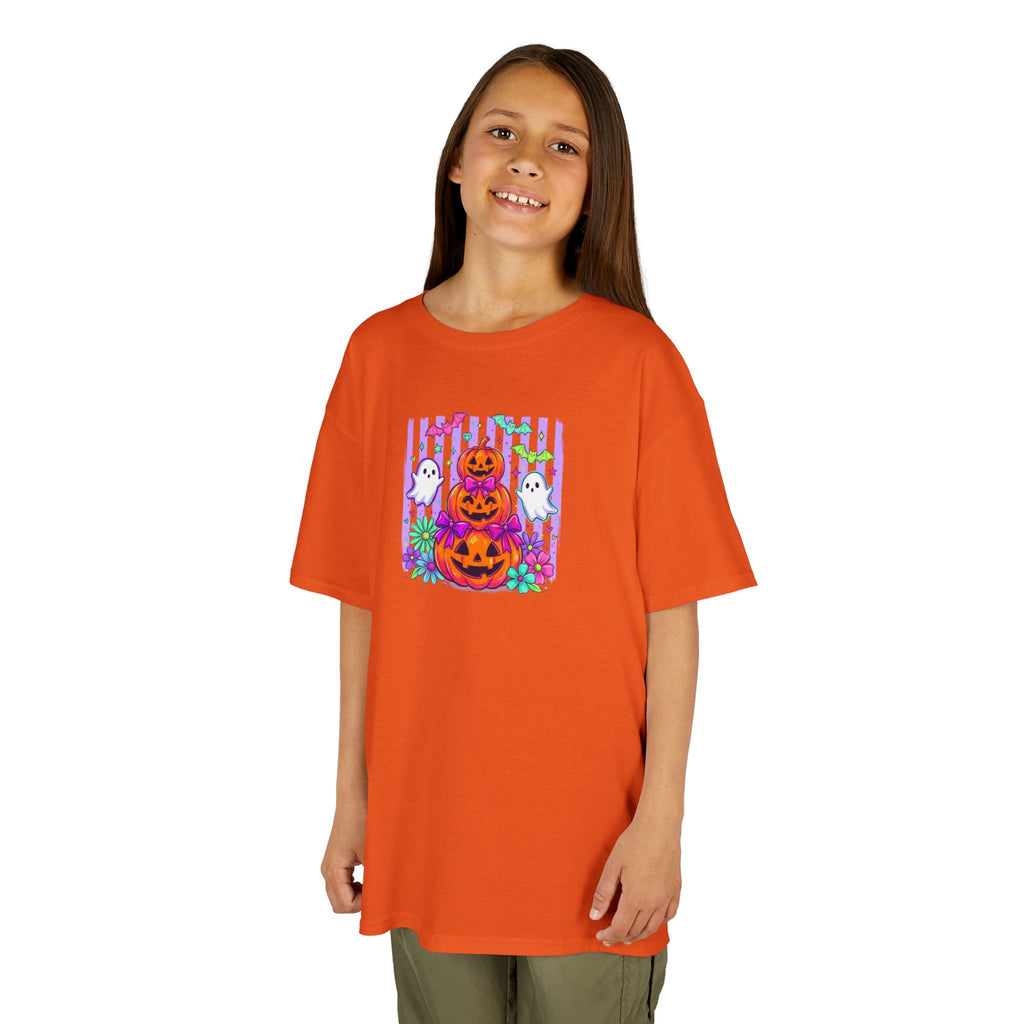 Kids Halloween Pumpkins T‑Shirt — Cute Jack‑O'Lantern Stack with Ghosts