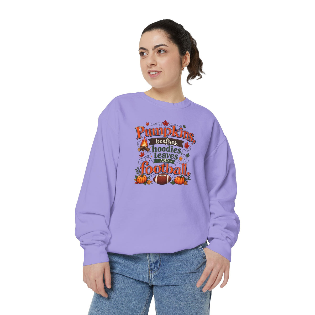 Fall Sweatshirt – "Pumpkins, Bonfires, Hoodies, Leaves, Football" Cozy Autumn Pullover