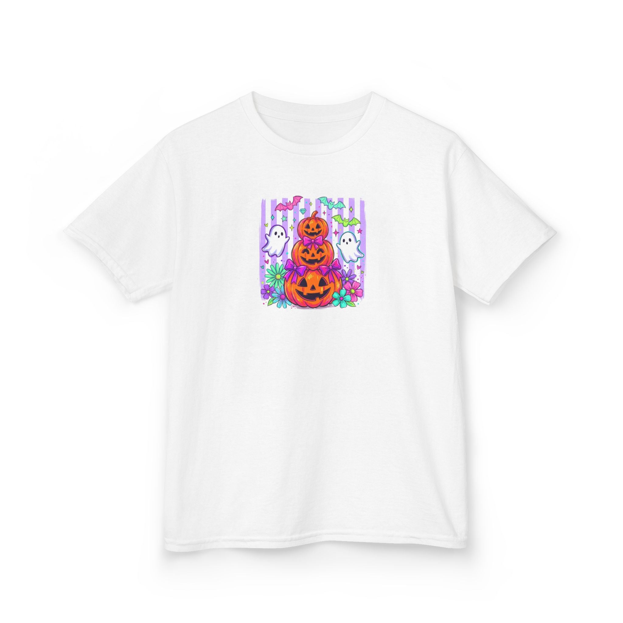 Kids Halloween Pumpkins T‑Shirt — Cute Jack‑O'Lantern Stack with Ghosts