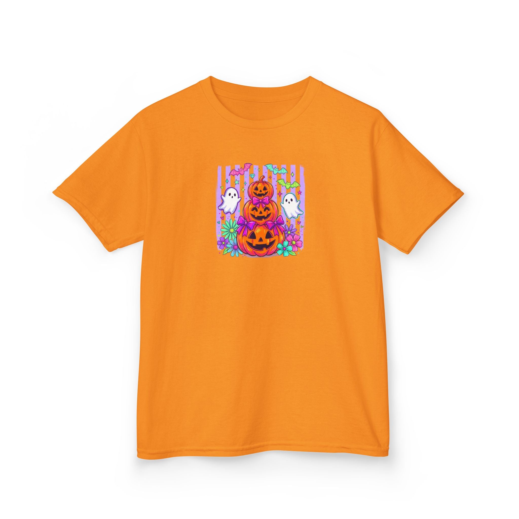 Kids Halloween Pumpkins T‑Shirt — Cute Jack‑O'Lantern Stack with Ghosts