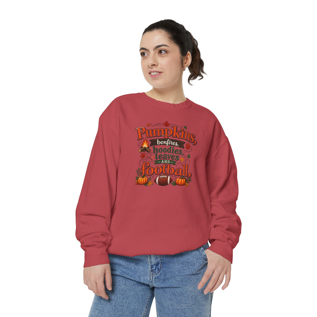 Fall Sweatshirt – "Pumpkins, Bonfires, Hoodies, Leaves, Football" Cozy Autumn Pullover