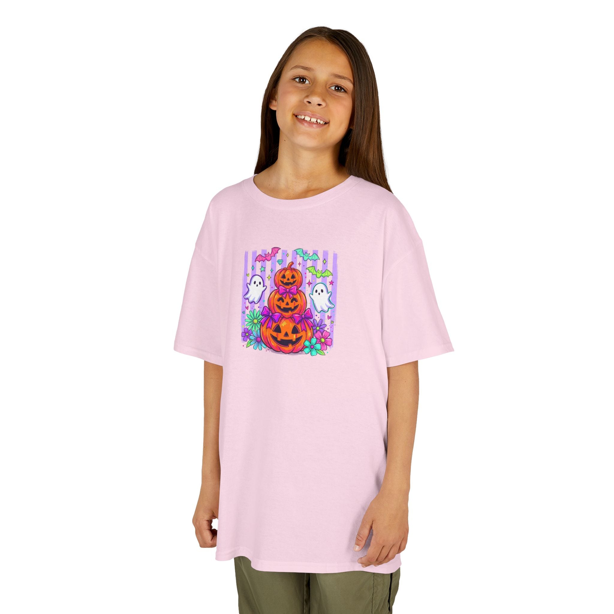 Kids Halloween Pumpkins T‑Shirt — Cute Jack‑O'Lantern Stack with Ghosts