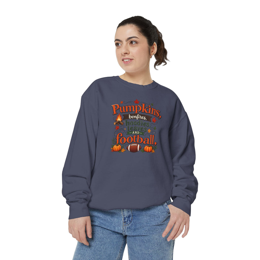 Fall Sweatshirt – "Pumpkins, Bonfires, Hoodies, Leaves, Football" Cozy Autumn Pullover