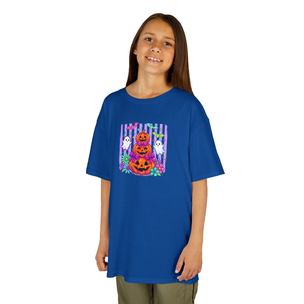 Kids Halloween Pumpkins T‑Shirt — Cute Jack‑O'Lantern Stack with Ghosts