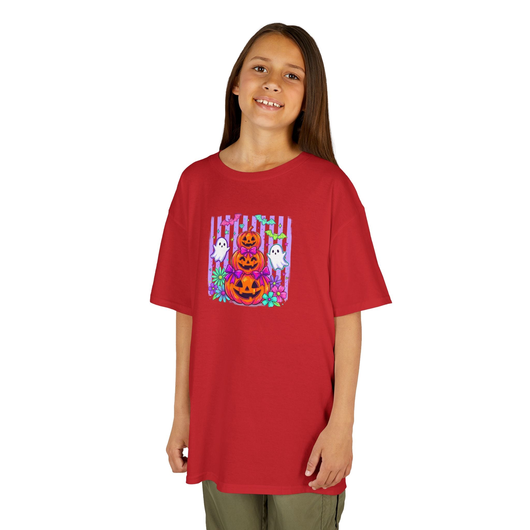 Kids Halloween Pumpkins T‑Shirt — Cute Jack‑O'Lantern Stack with Ghosts