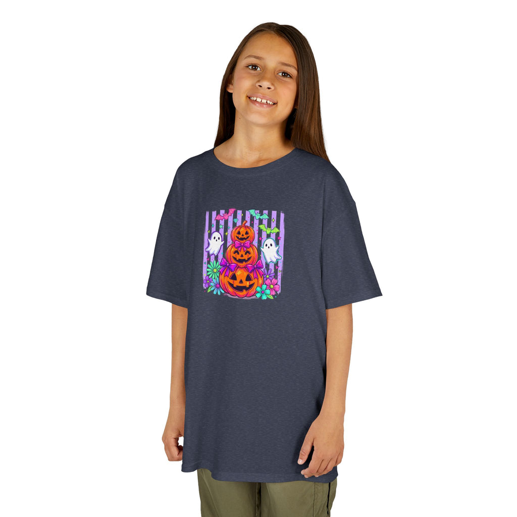 Kids Halloween Pumpkins T‑Shirt — Cute Jack‑O'Lantern Stack with Ghosts