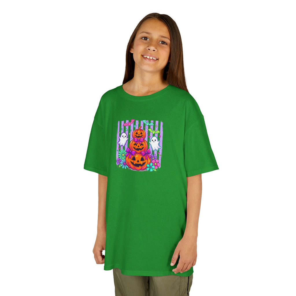Kids Halloween Pumpkins T‑Shirt — Cute Jack‑O'Lantern Stack with Ghosts
