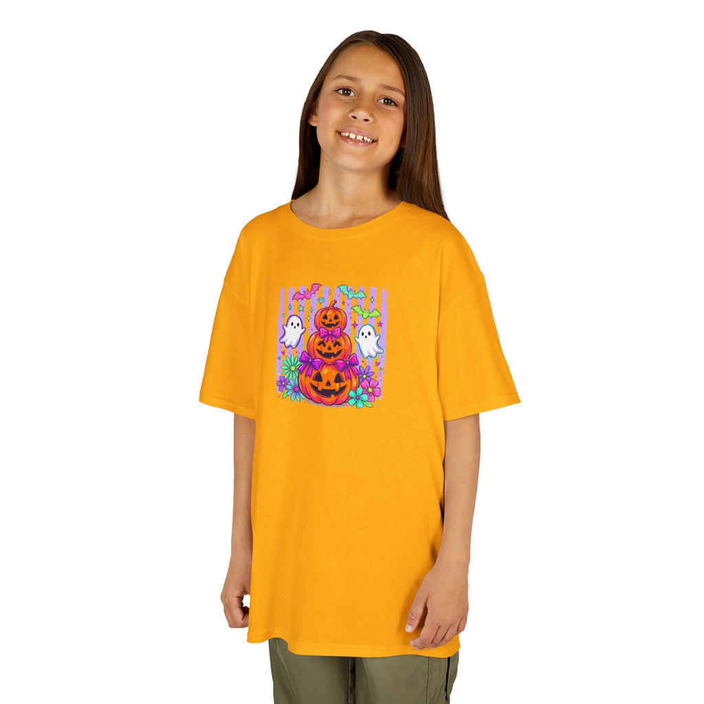 Kids Halloween Pumpkins T‑Shirt — Cute Jack‑O'Lantern Stack with Ghosts