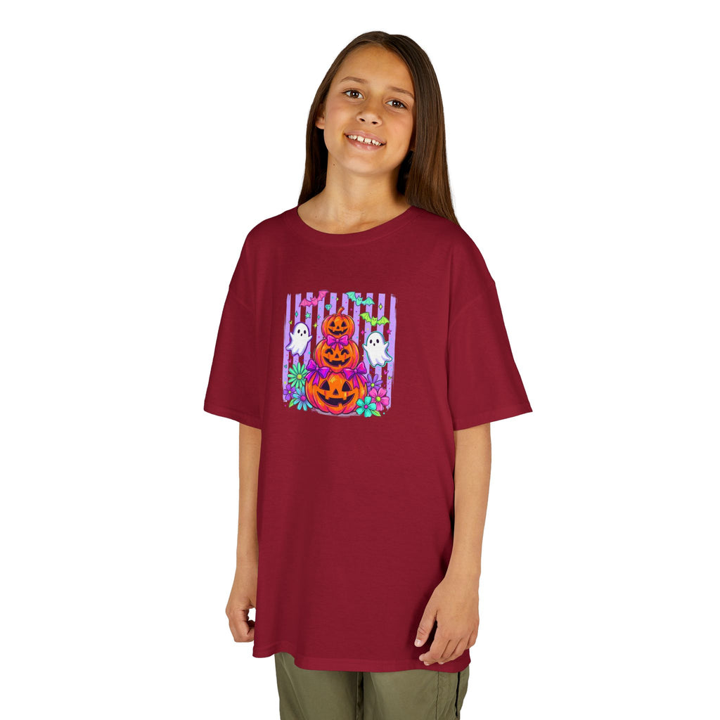 Kids Halloween Pumpkins T‑Shirt — Cute Jack‑O'Lantern Stack with Ghosts