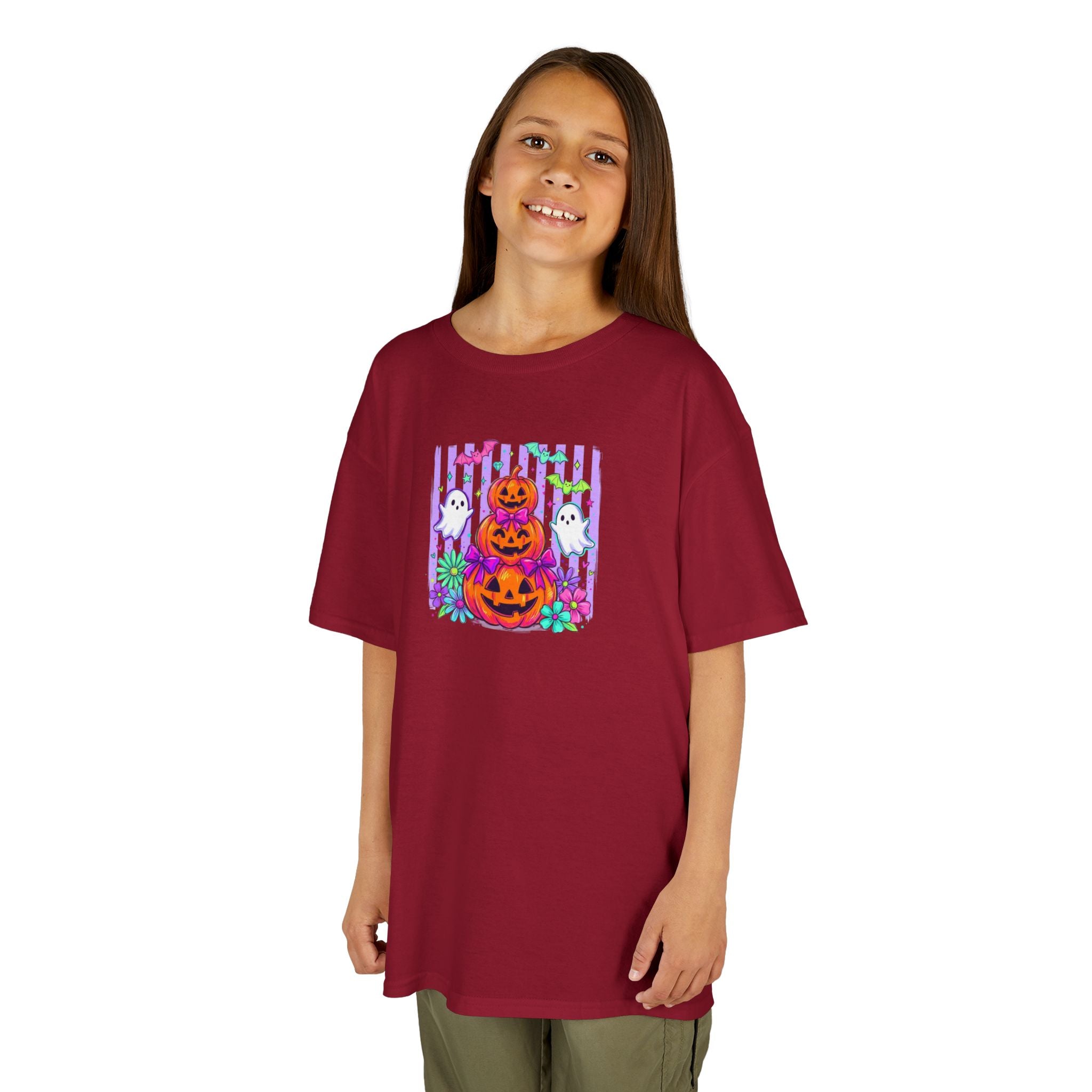 Kids Halloween Pumpkins T‑Shirt — Cute Jack‑O'Lantern Stack with Ghosts