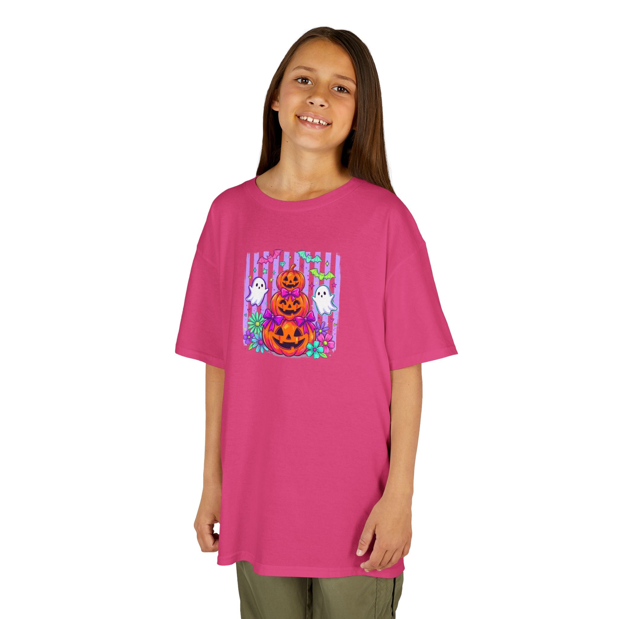 Kids Halloween Pumpkins T‑Shirt — Cute Jack‑O'Lantern Stack with Ghosts