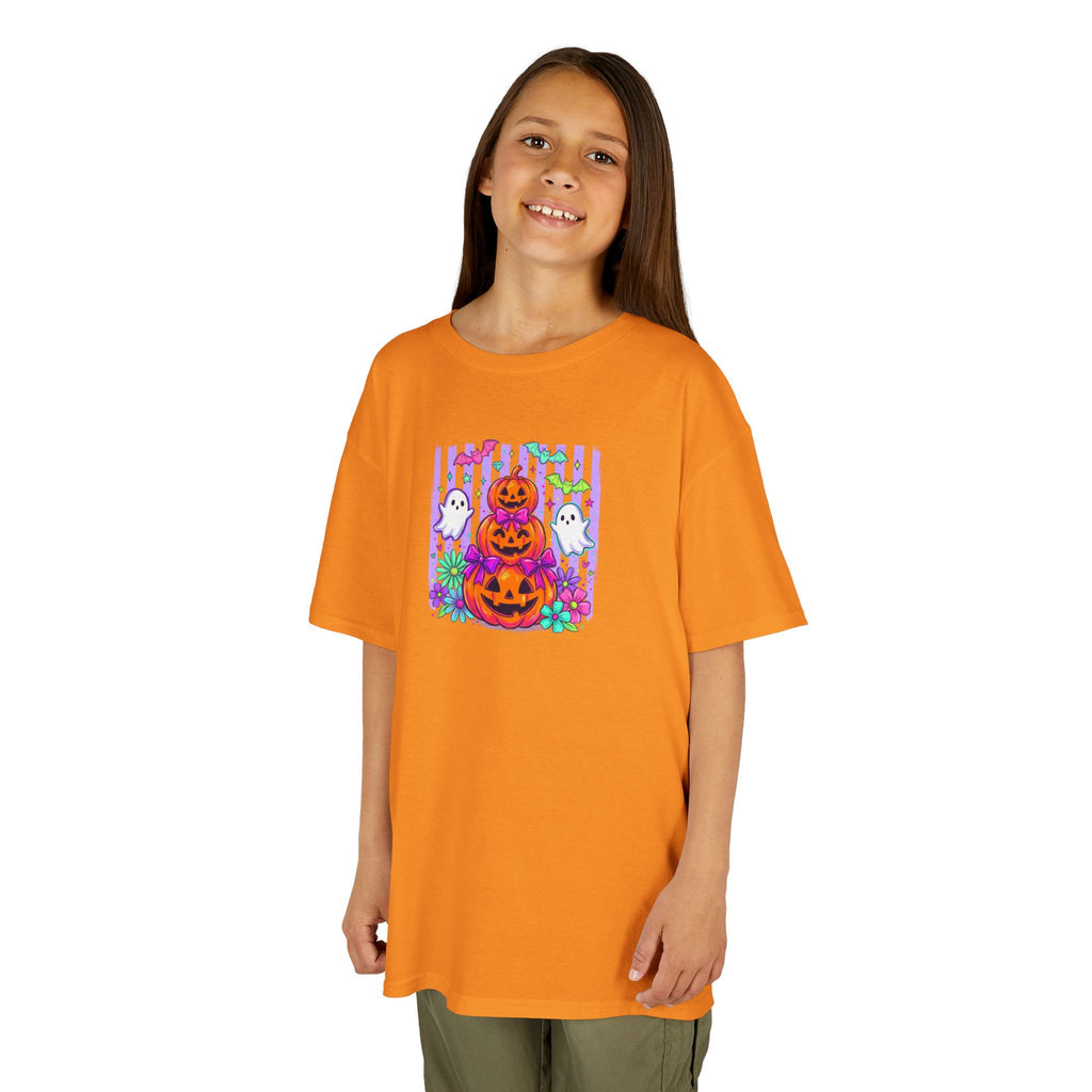Kids Halloween Pumpkins T‑Shirt — Cute Jack‑O'Lantern Stack with Ghosts