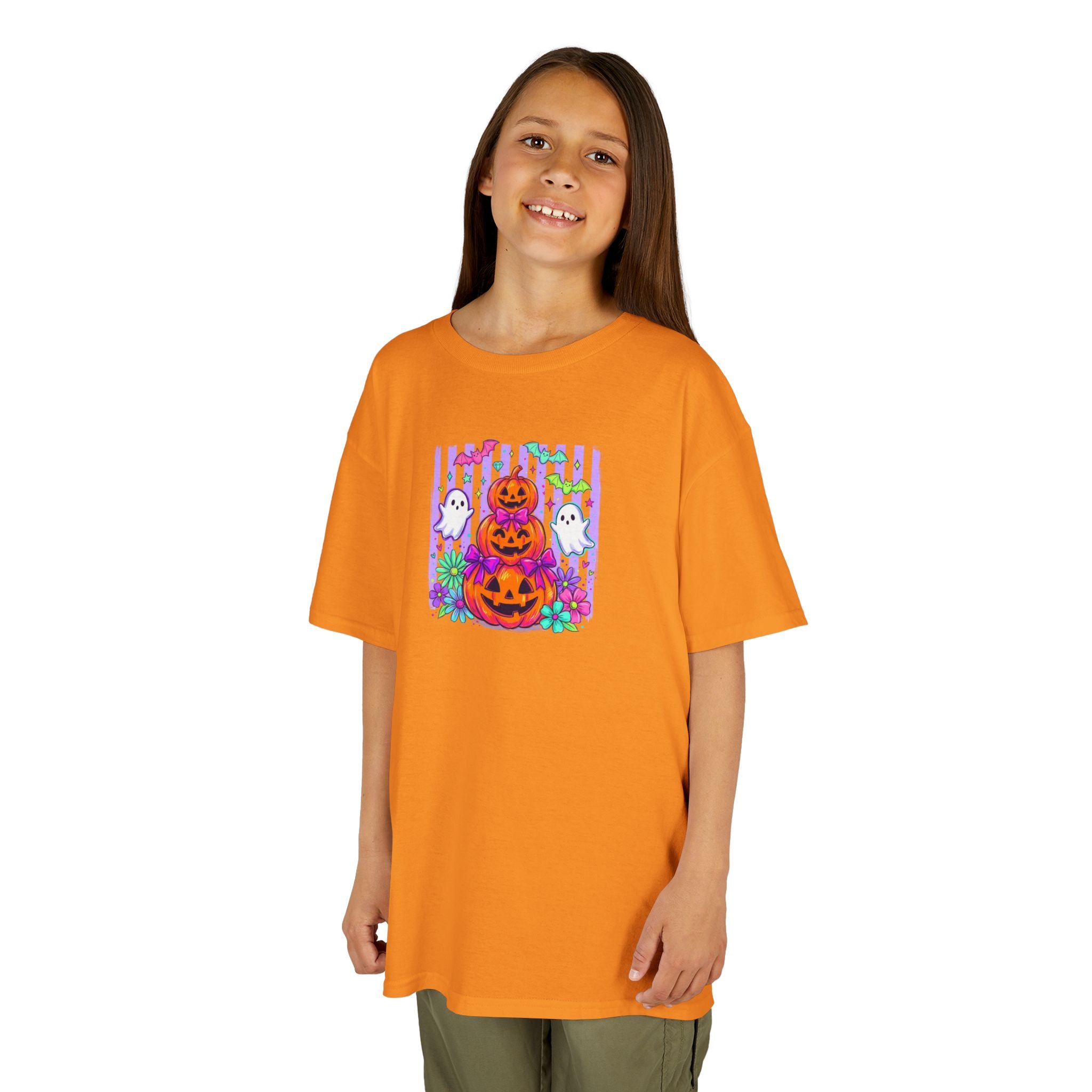 Kids Halloween Pumpkins T‑Shirt — Cute Jack‑O'Lantern Stack with Ghosts