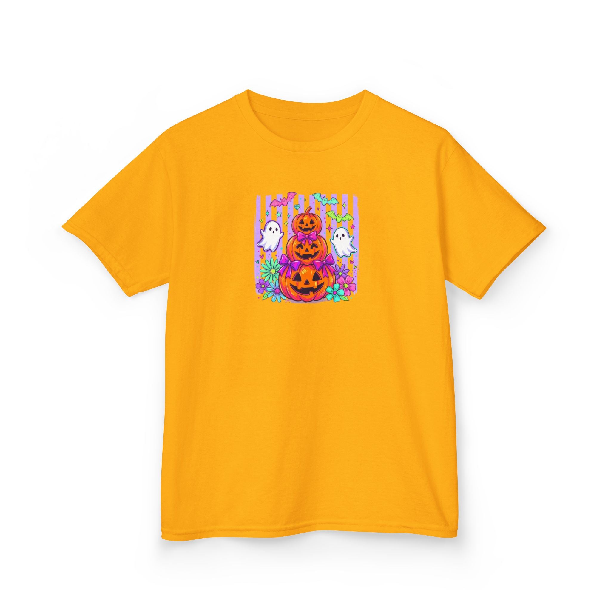 Kids Halloween Pumpkins T‑Shirt — Cute Jack‑O'Lantern Stack with Ghosts