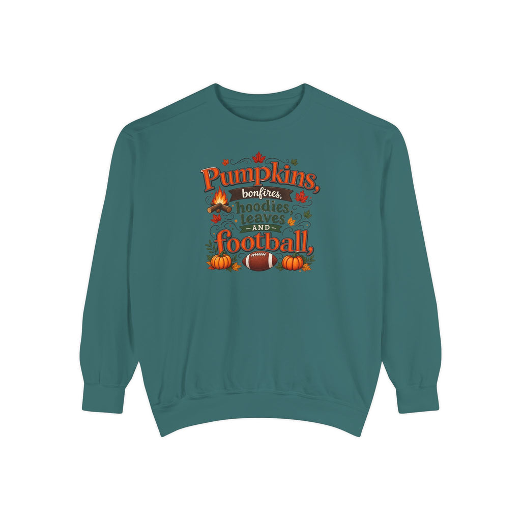 Fall Sweatshirt – "Pumpkins, Bonfires, Hoodies, Leaves, Football" Cozy Autumn Pullover
