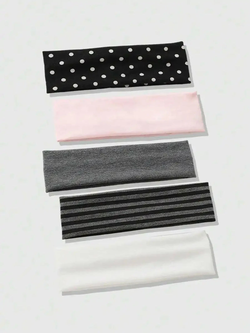 5 Piece Women’s Headband Set, Casual Hair Bands, Solid Striped Polka Dot Headbands, Sweat Absorbing Everyday Hair Accessories