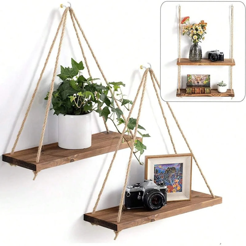 Wooden Hanging Rope Wall Shelf, Rustic Floating Shelf, Boho Wall Decor, Hanging Plant Shelf, Farmhouse Home Storage Display
