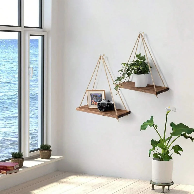 Wooden Hanging Rope Wall Shelf, Rustic Floating Shelf, Boho Wall Decor, Hanging Plant Shelf, Farmhouse Home Storage Display
