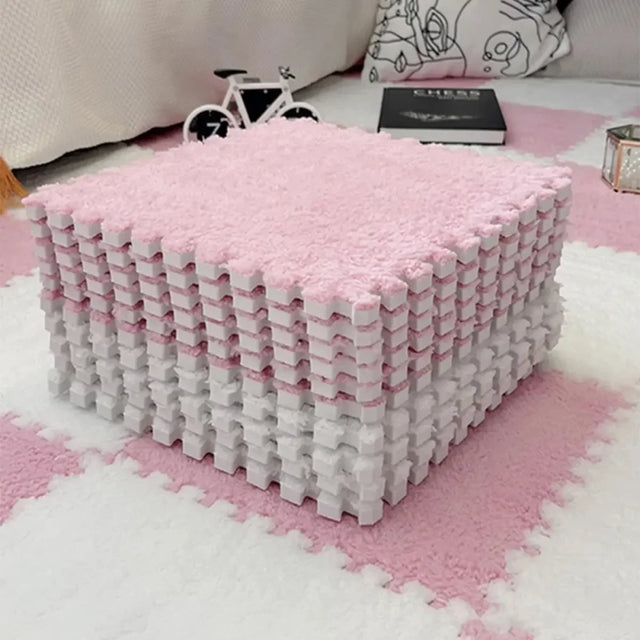 Soft Plush Interlocking Foam Puzzle Floor Mats, Pink & White Kids Playroom Tiles, Nursery Floor Mat, 10 or 20 Piece Set