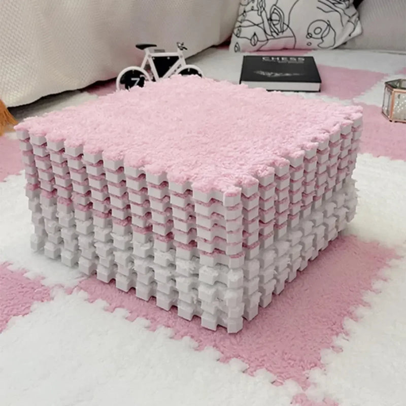 Soft Plush Interlocking Foam Puzzle Floor Mats, Pink & White Kids Playroom Tiles, Nursery Floor Mat, 10 or 20 Piece Set