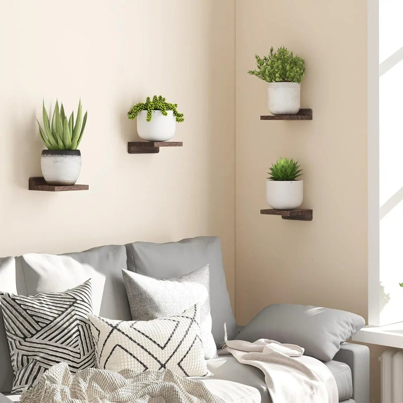 4 Pack Mini Floating Wall Shelves, 5 Inch Wooden Display Shelves for Plants, Decor & Small Items, Wall Mounted Shelf Set