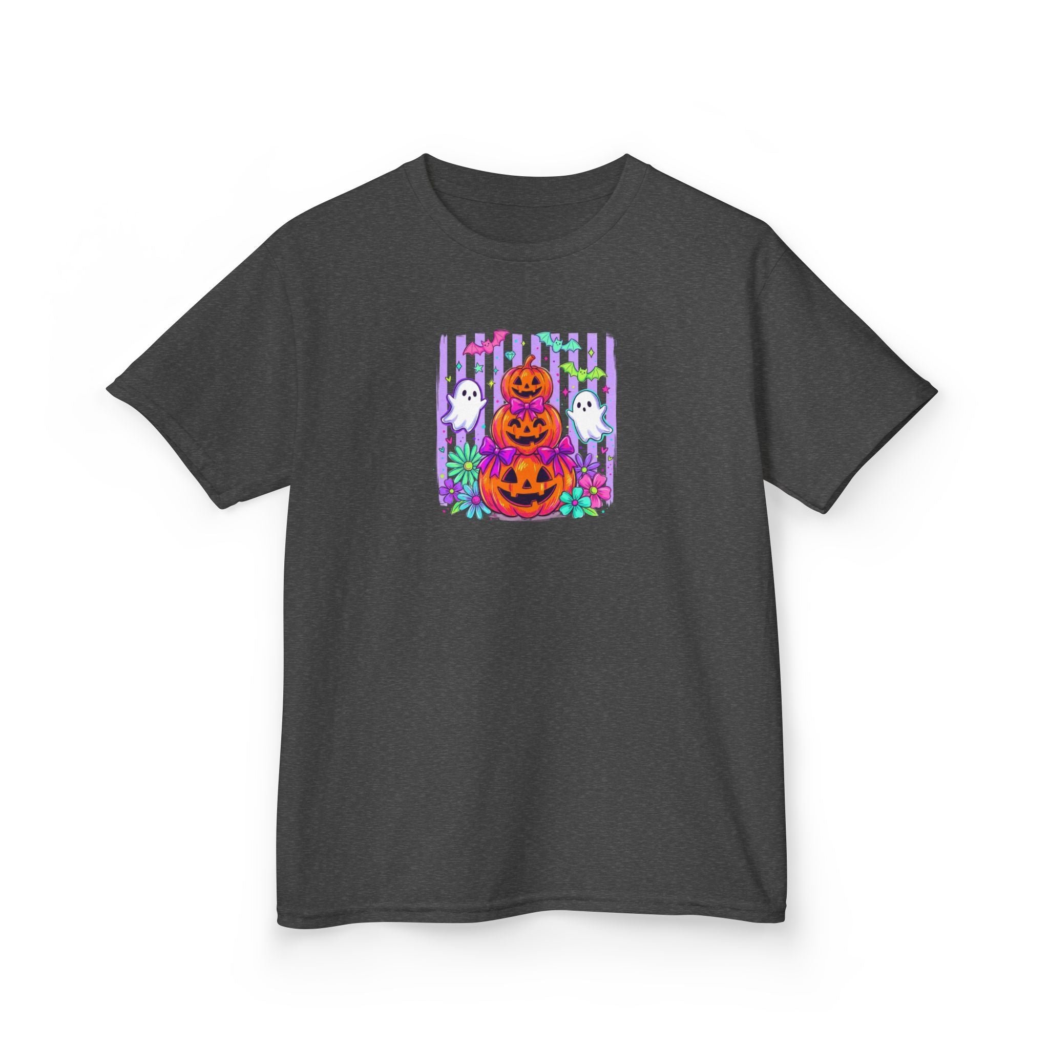 Kids Halloween Pumpkins T‑Shirt — Cute Jack‑O'Lantern Stack with Ghosts