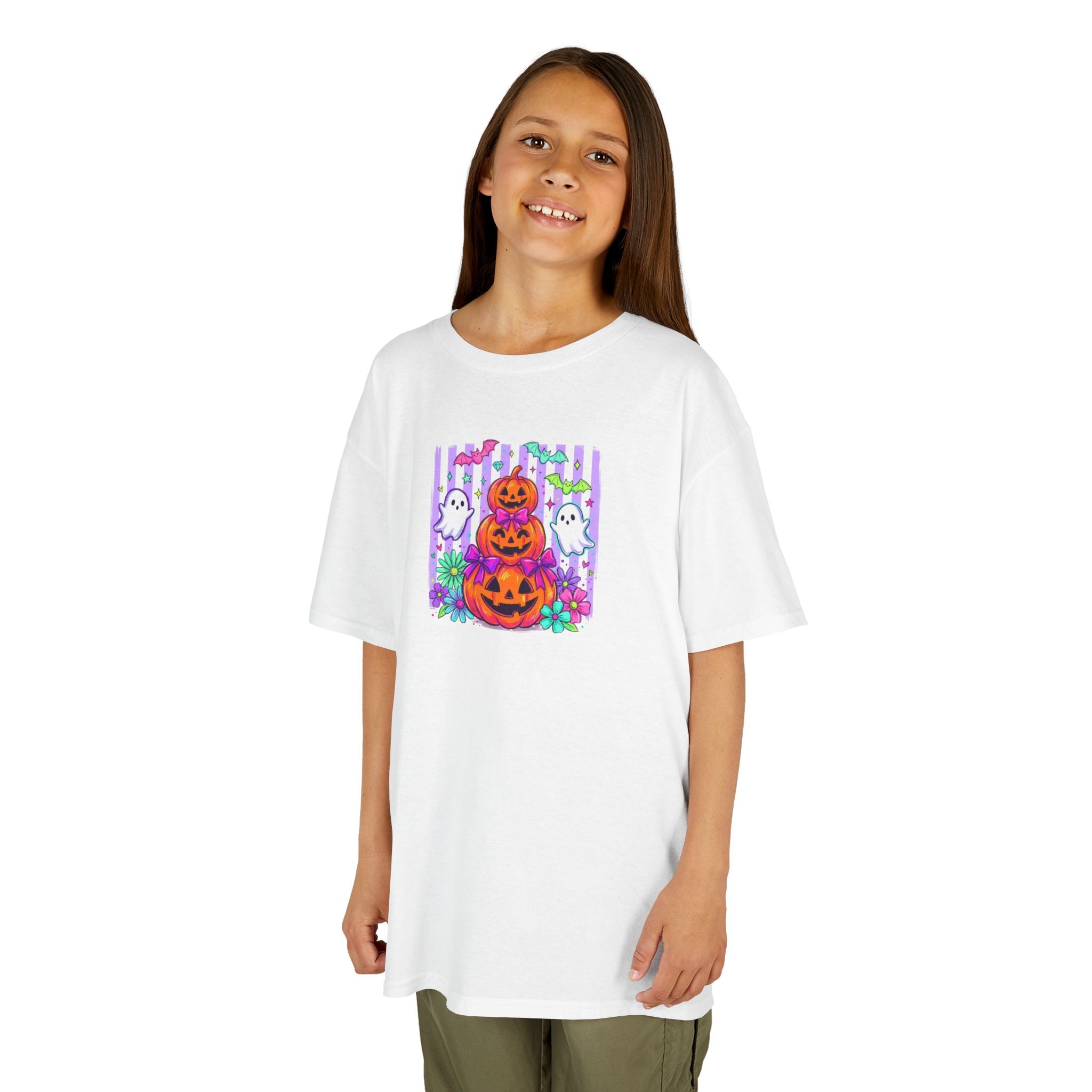 Kids Halloween Pumpkins T‑Shirt — Cute Jack‑O'Lantern Stack with Ghosts
