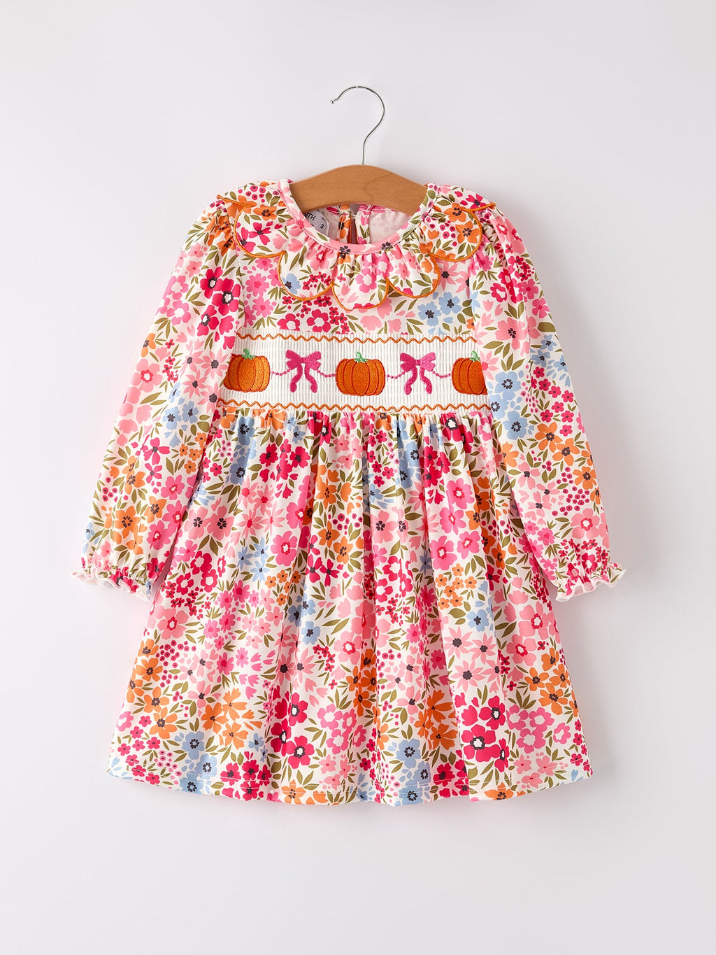 Girls Pink Fall Pumpkin & Bow Long Sleeve Twirl Dress
