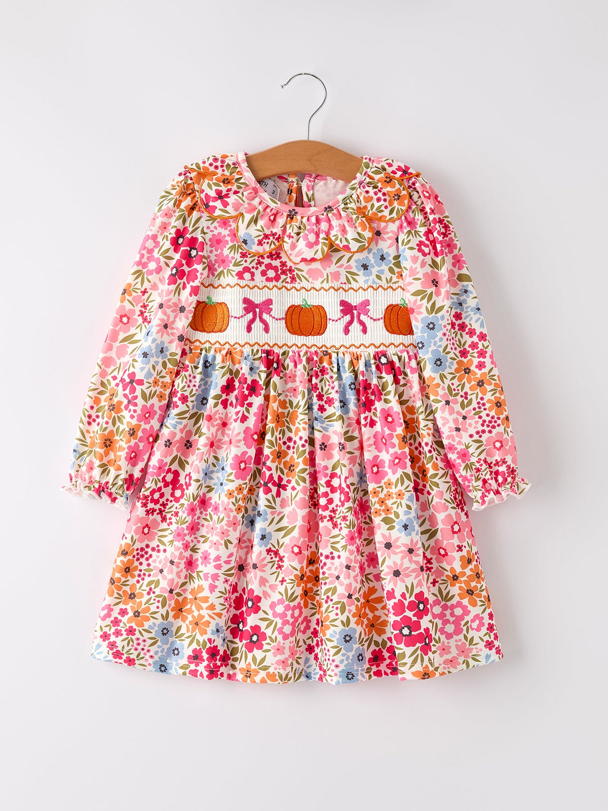 Girls Pink Fall Pumpkin & Bow Long Sleeve Twirl Dress