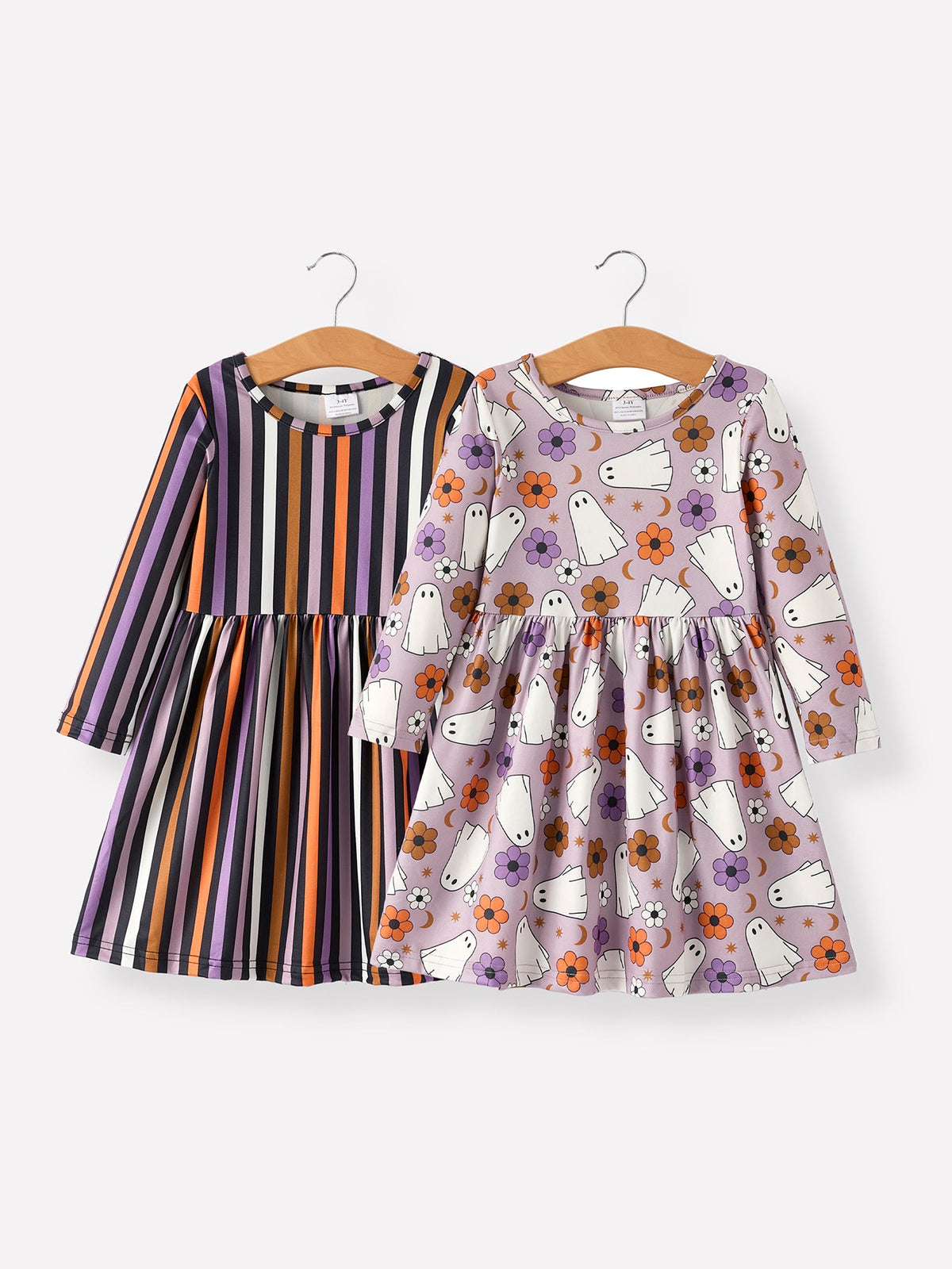 Girls Halloween Ghost & Stripe Long Sleeve Dress 2-Piece Set