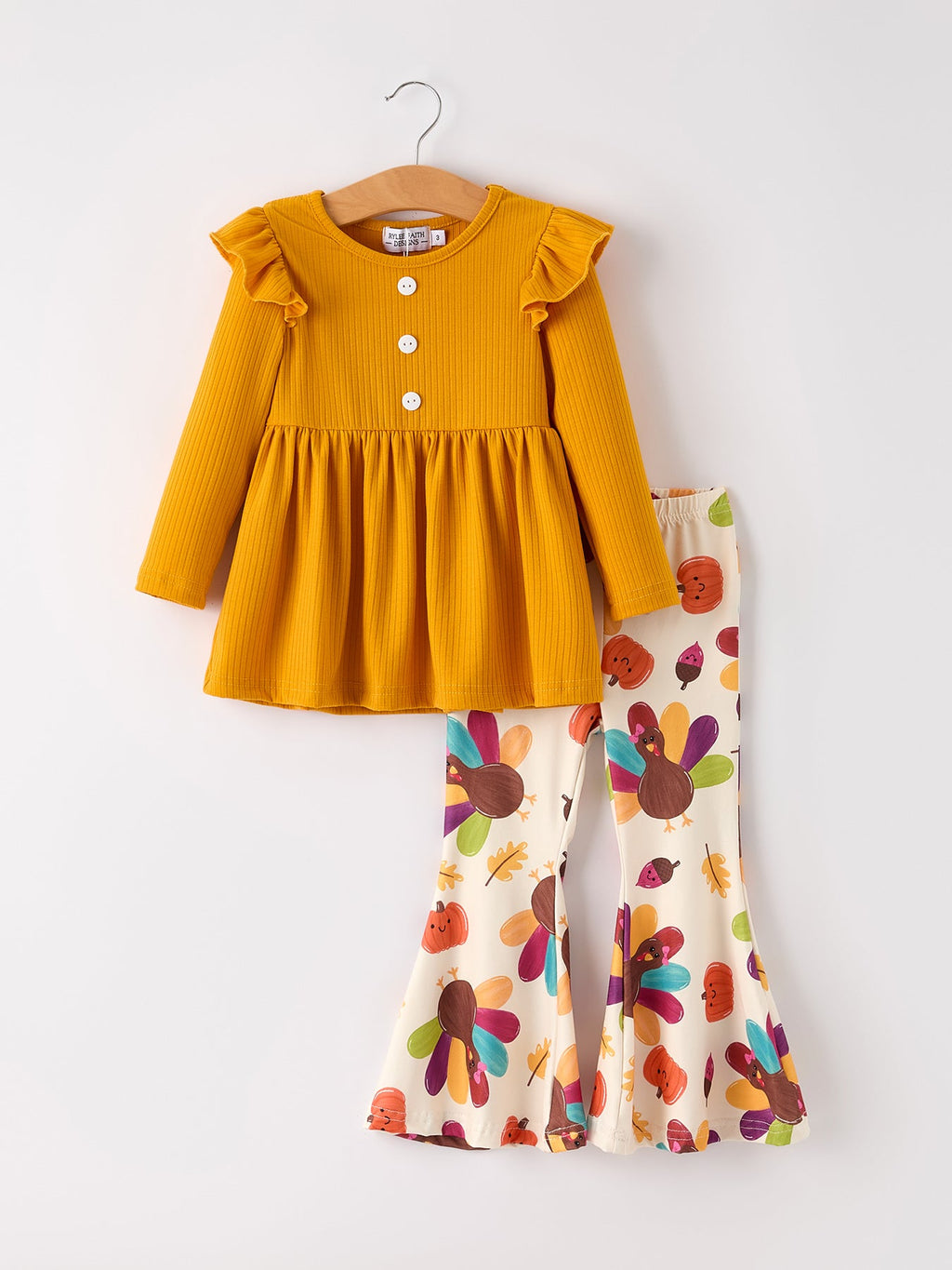 Girls Thanksgiving Turkey Outfit Set – Orange Ruffle Top & Printed Flare Pants