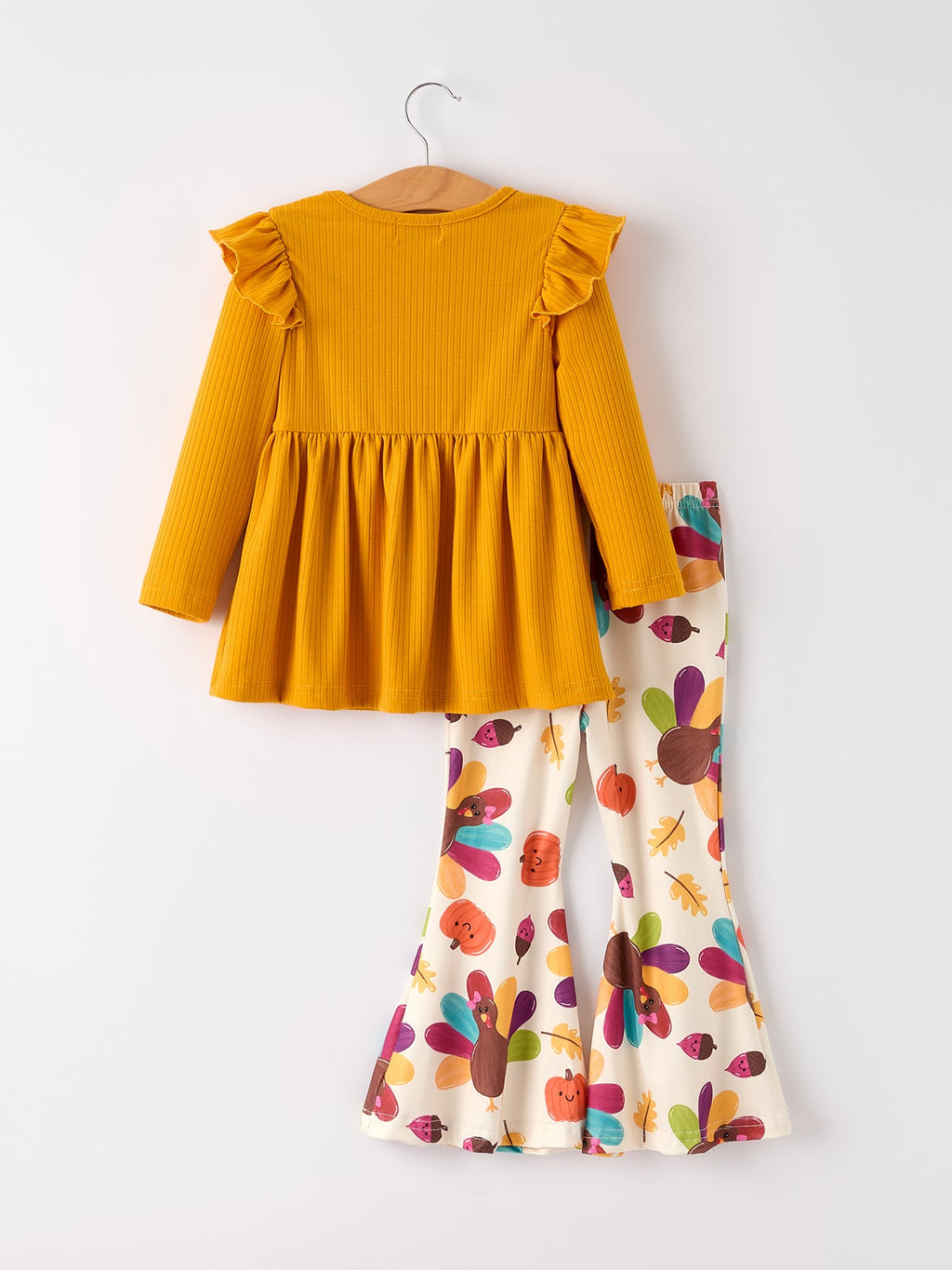 Girls Thanksgiving Turkey Outfit Set – Orange Ruffle Top & Printed Flare Pants