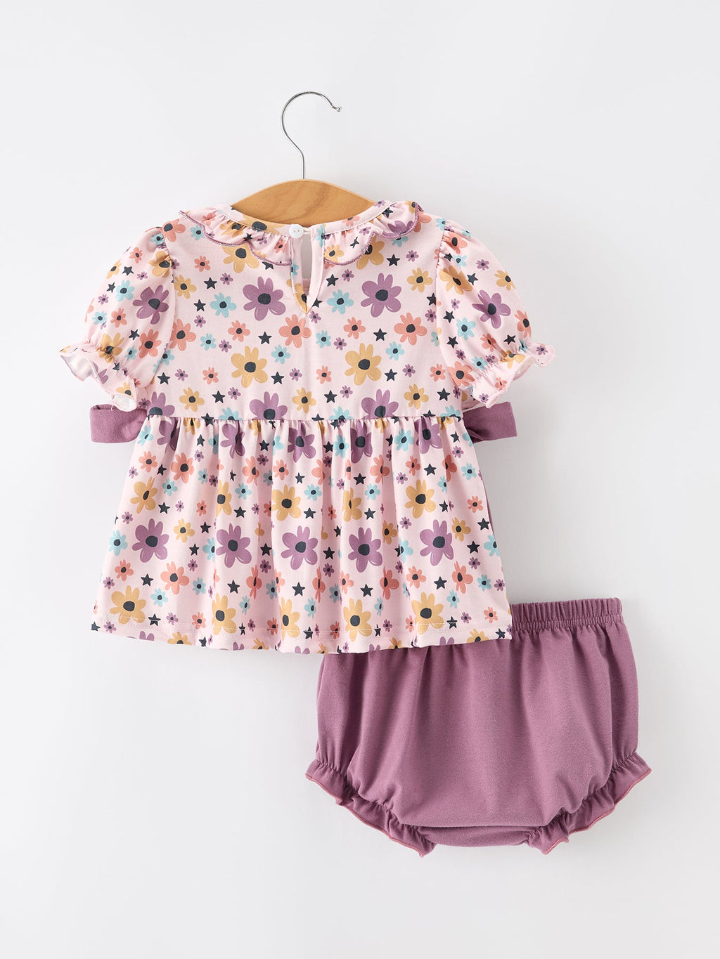Girls Pastel Pumpkin Halloween Outfit Set – Ruffle Top & Purple Bloomers