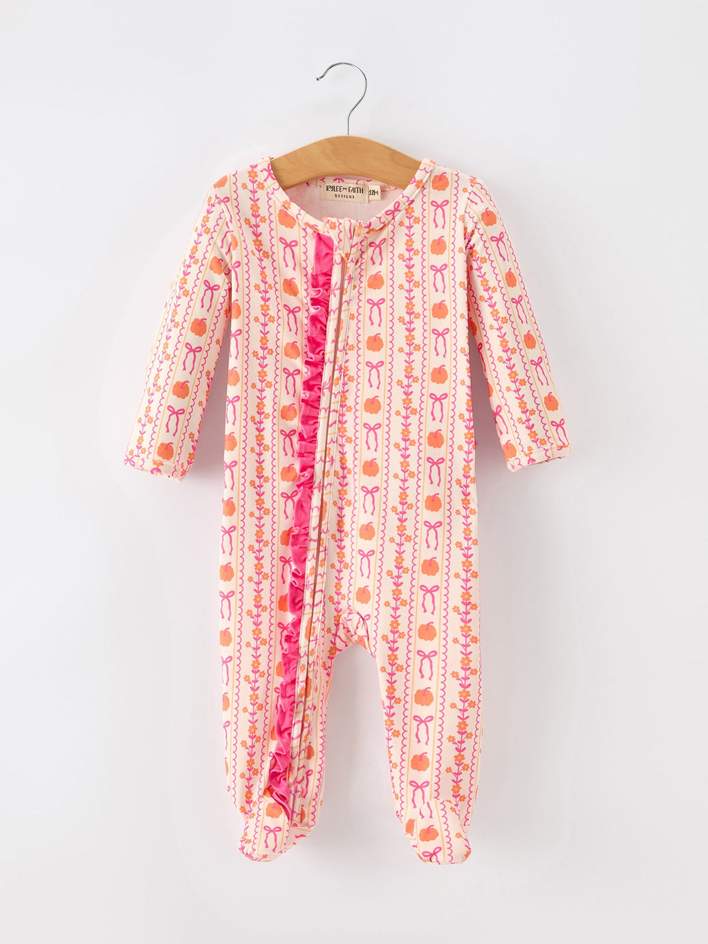Girls Pink Pumpkin & Bow Long Sleeve Ruffle Dress – Fall Halloween Outfit