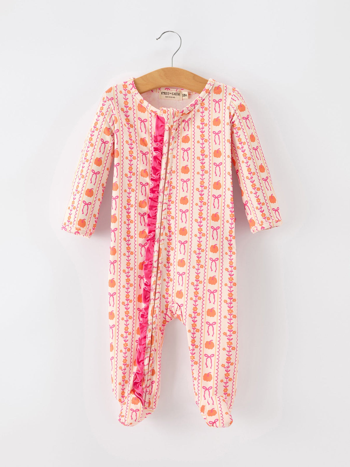 Girls Pink Pumpkin & Bow Long Sleeve Ruffle Dress – Fall Halloween Outfit