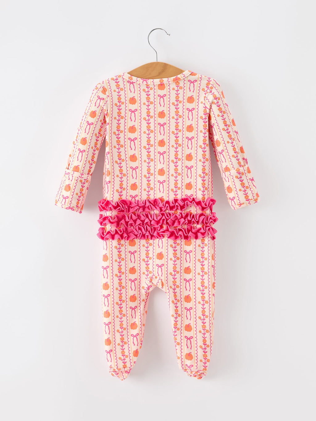 Girls Pink Pumpkin & Bow Long Sleeve Ruffle Dress – Fall Halloween Outfit