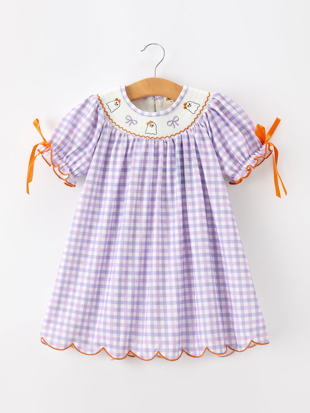 Girls Purple Gingham Halloween Ghost Embroidered Dress with Orange Bow Details