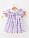 Girls Purple Gingham Halloween Ghost Embroidered Dress with Orange Bow Details