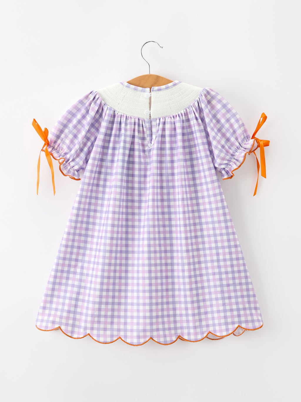 Girls Purple Gingham Halloween Ghost Embroidered Dress with Orange Bow Details