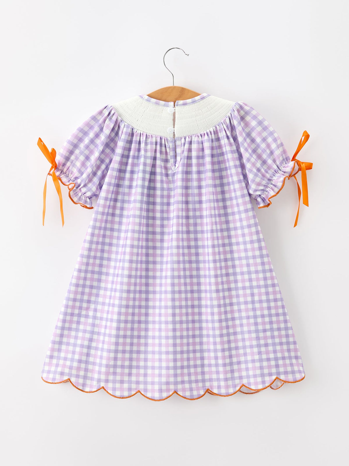 Girls Purple Gingham Halloween Ghost Embroidered Dress with Orange Bow Details