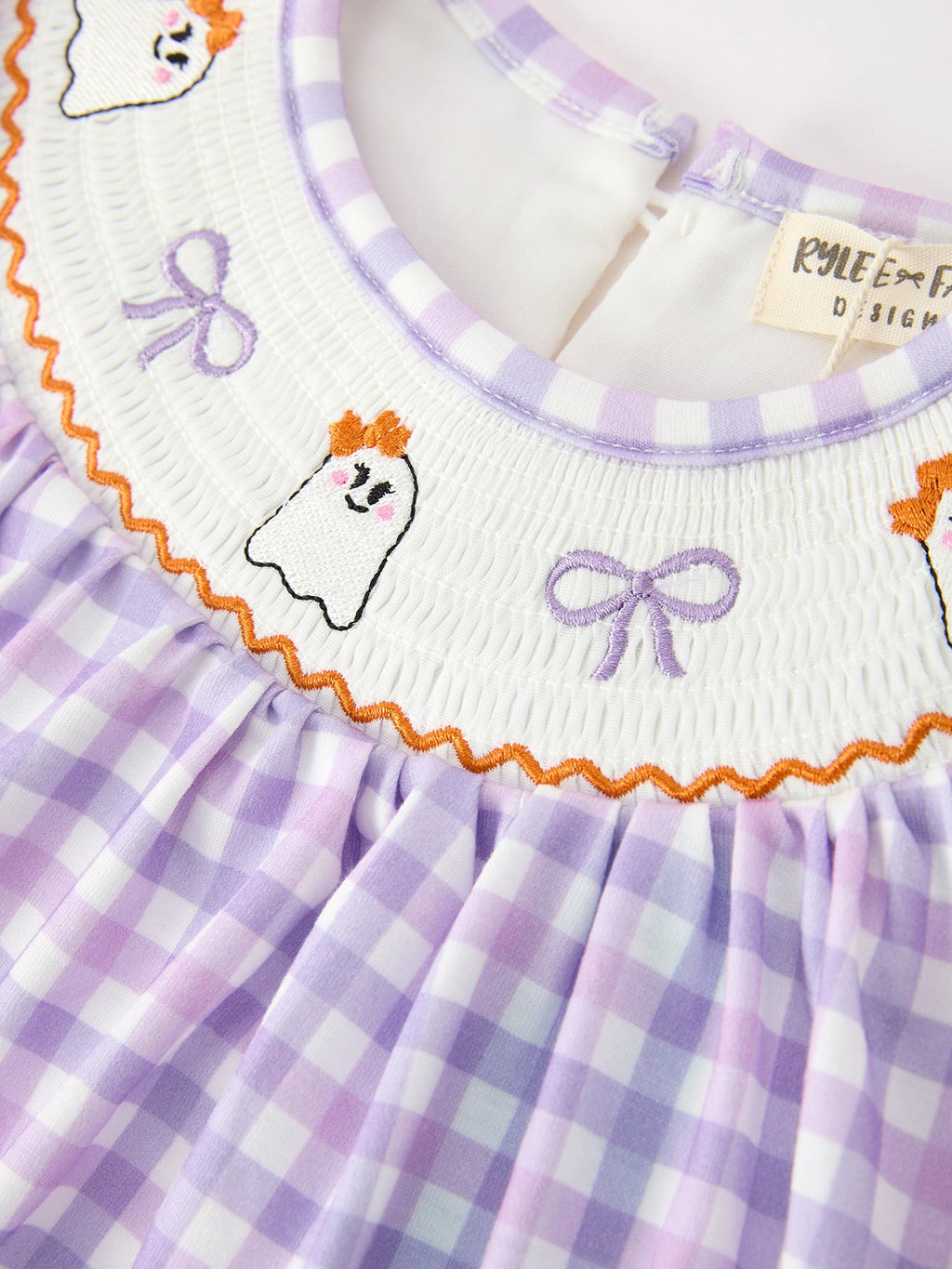 Girls Purple Gingham Halloween Ghost Embroidered Dress with Orange Bow Details