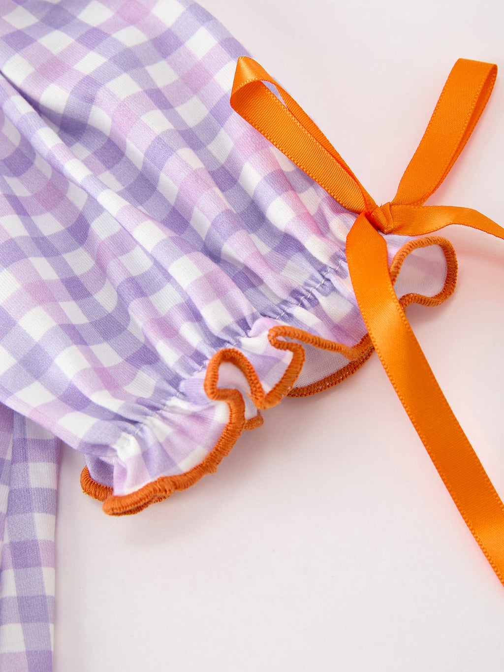 Girls Purple Gingham Halloween Ghost Embroidered Dress with Orange Bow Details