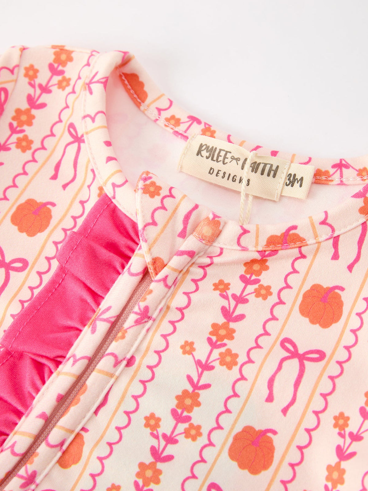 Girls Pink Pumpkin & Bow Long Sleeve Ruffle Dress – Fall Halloween Outfit