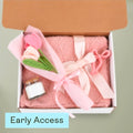 Blush & Bloom Gift Set — Candle, Cozy Blanket, Crochet Bouquet & Bow Clip