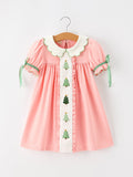 Christmas Girls Pink Christmas Tree Embroidered Ruffle Dress